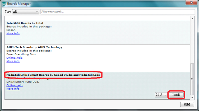 Figure 8. 在 Arduino IDE 1.6.5 r5 Boards Manager 安裝板子