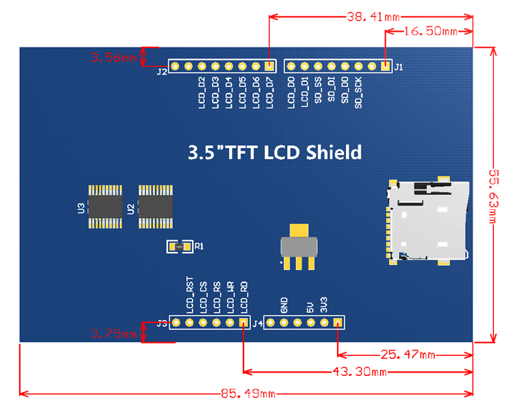 3.5吋 TFT 彩色 LCD顯示模組 尺寸圖