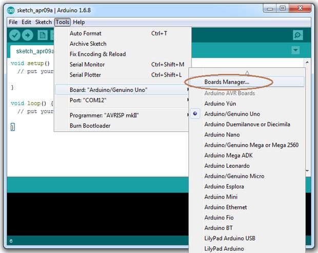 Where to Find the Arduino IDE Boards Manager Dialog