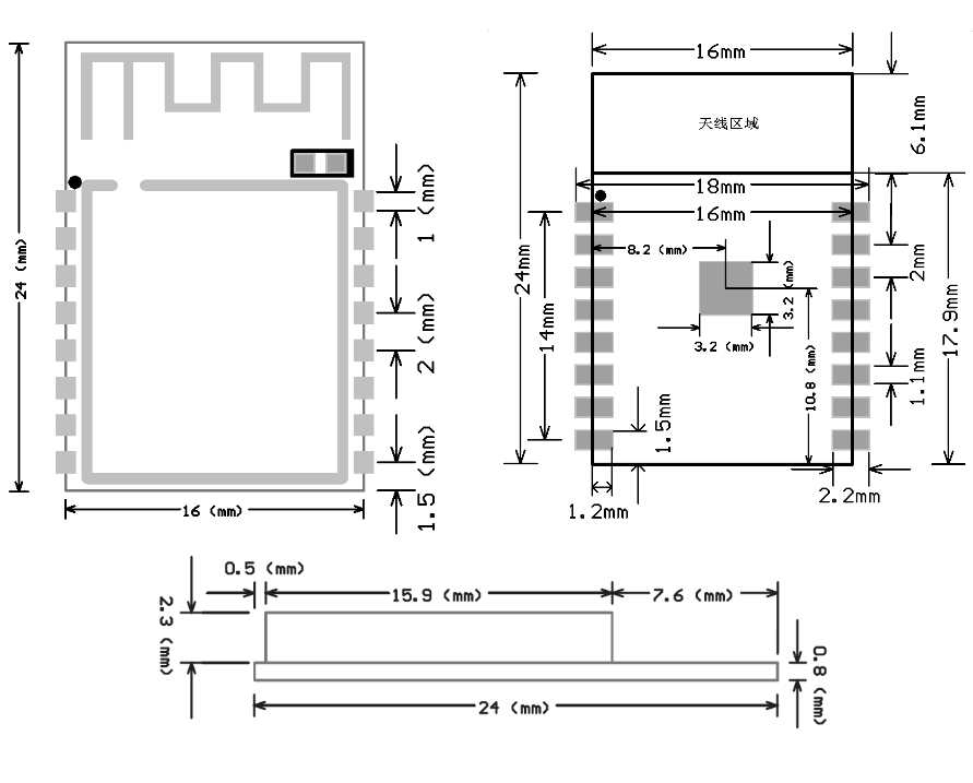 ESP8266 ESP-12S WiFi 模組 尺寸圖