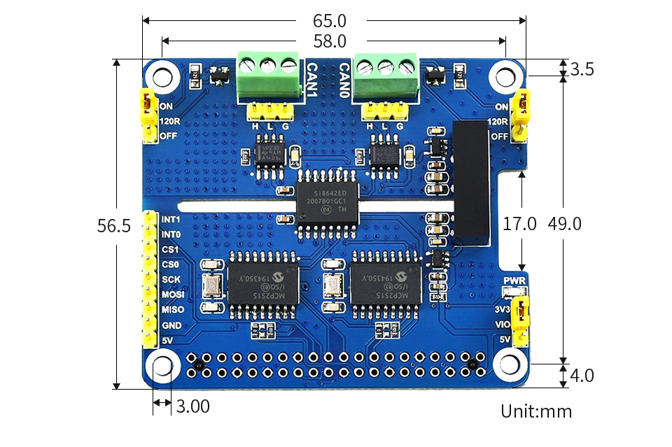 樹莓派雙通道CAN總線擴展板外形尺寸