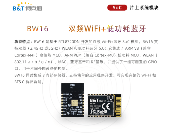 瑞昱 RTL8720DN BW16 雙頻 WiFi+BT5.0 模組：板載天線，M4F/M0 雙核 – 台灣物聯科技 TaiwanIOT