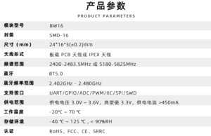 瑞昱RTL8720DN 雙頻WiFi+低功耗藍牙5.0模組 產品參數