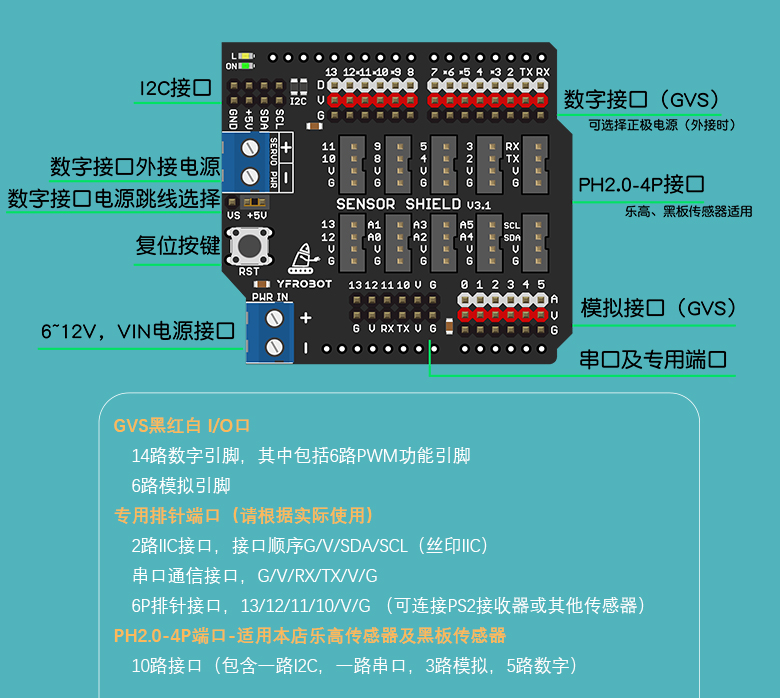Arduino Sensor Shield感測器擴展板 接口介紹
