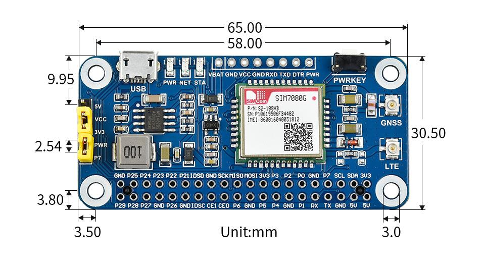 樹莓派 NB-IoT/Cat-M(eMTC)/GNSS擴展板 SIM7080G模組 尺寸圖