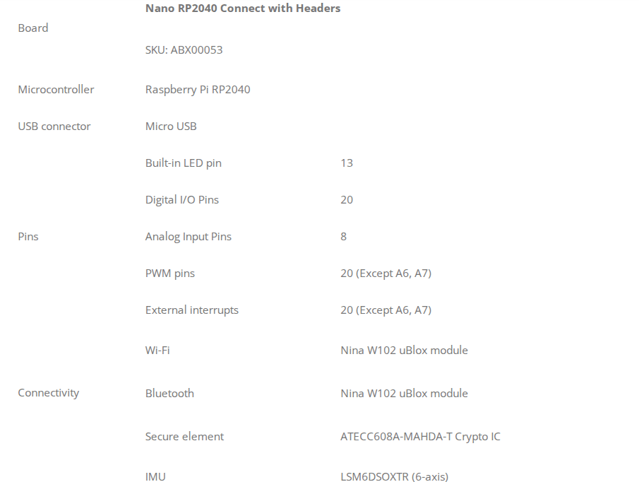 Arduino Nano RP2040 Connect 技術規格