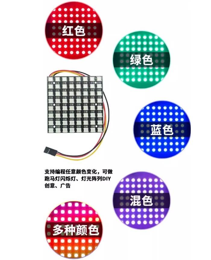 WS2812B 8x8 RGB LED 全彩點陣屏 (64燈)：支援單晶片串接控制、5V 供電、夢幻色彩變化 顏色