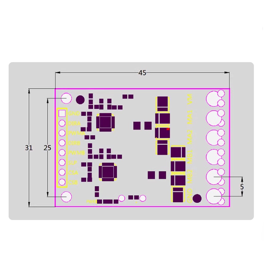 MD02 高功率 17A 雙路馬達驅動模組：支援 5.9V-40V 寬電壓、高頻 PWM 調速與電流感測 尺寸