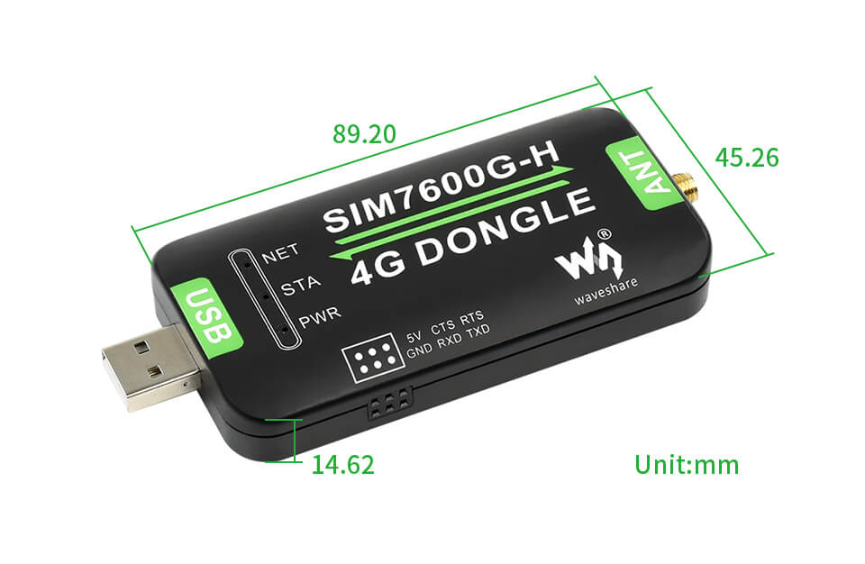 SIM7600G-H 全球通訊工業級 4G Dongle | 支援 GPS 定位、Windows/Linux 尺寸