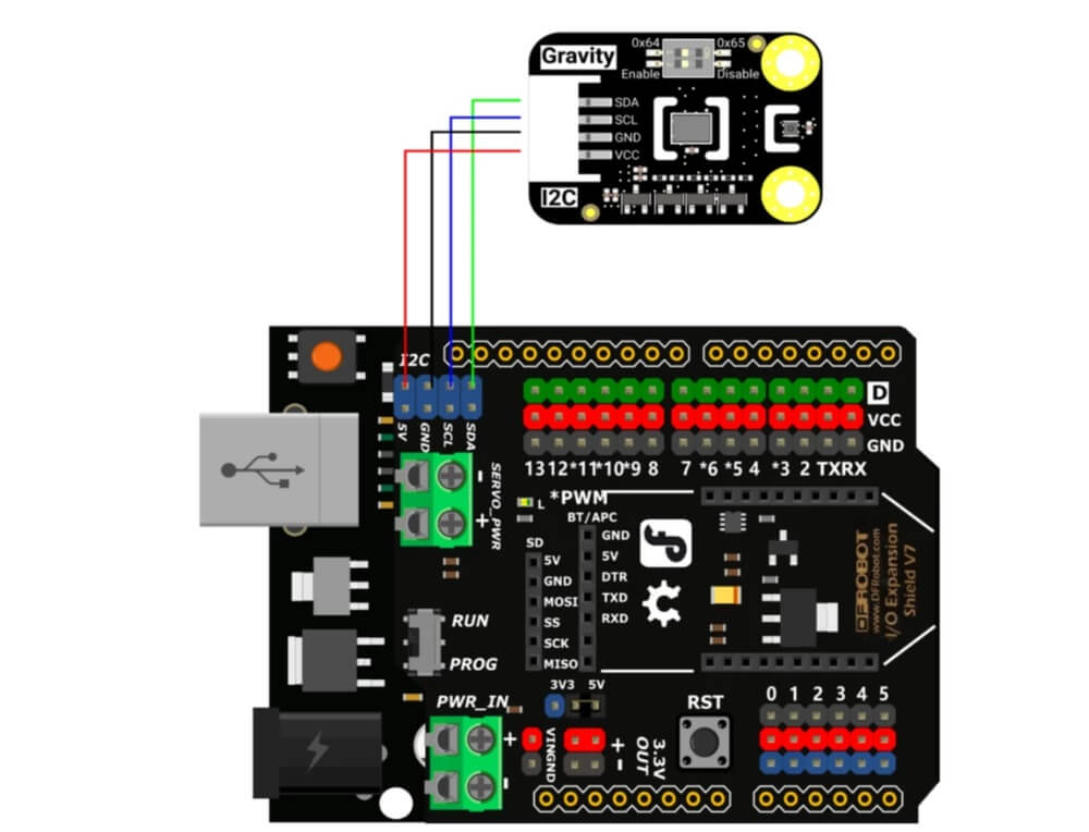 硬體連接圖顯示 Gravity STCC4 CO2 感測器使用標準的 4 針 I2C Gravity 電纜無縫連接到 Arduino 微控制器。